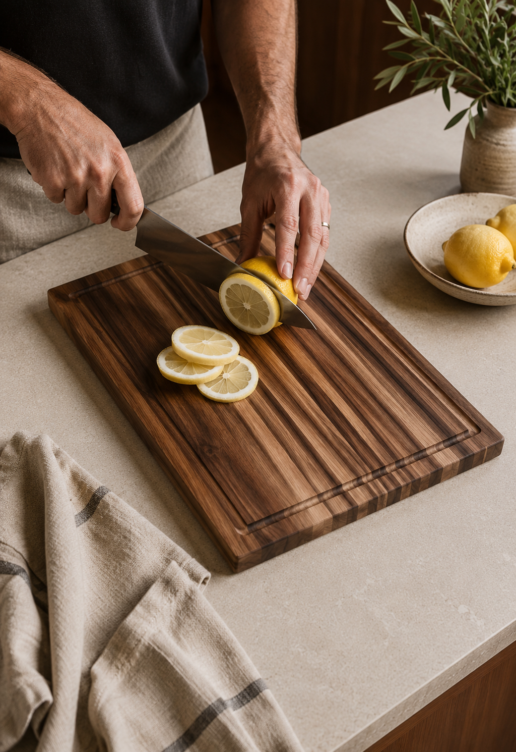 Black American walnut utility board with juice groove