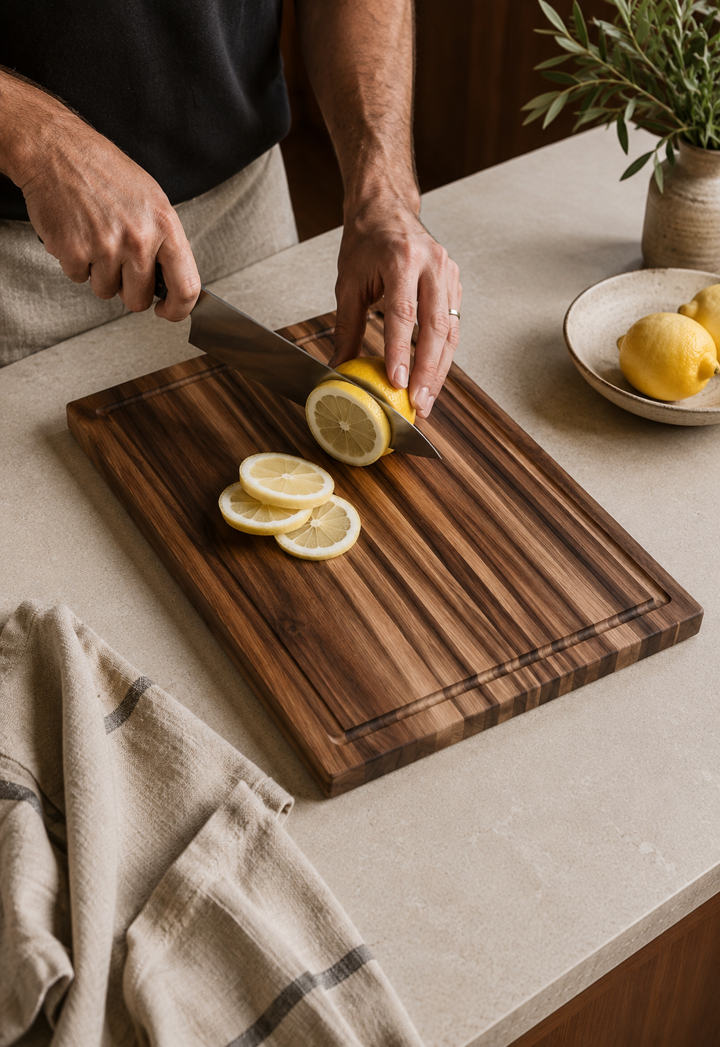 Black American walnut utility board with juice groove